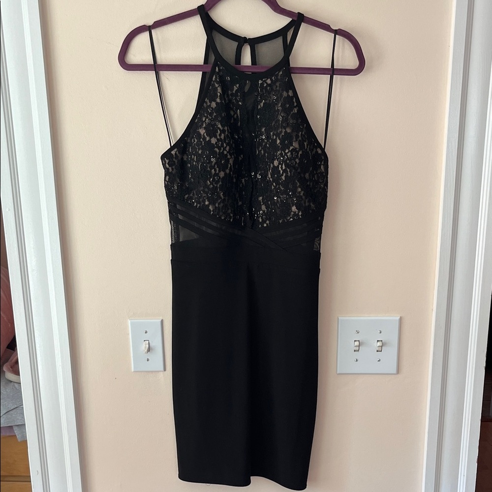 Elegant Black/Nude Lace and Mesh Halter Top Dress